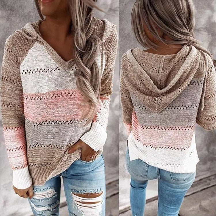 Women's Striped Knit Hoodie - Khaki Pink
