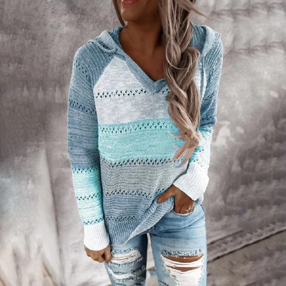Women's Striped Knit Hoodie - Blue