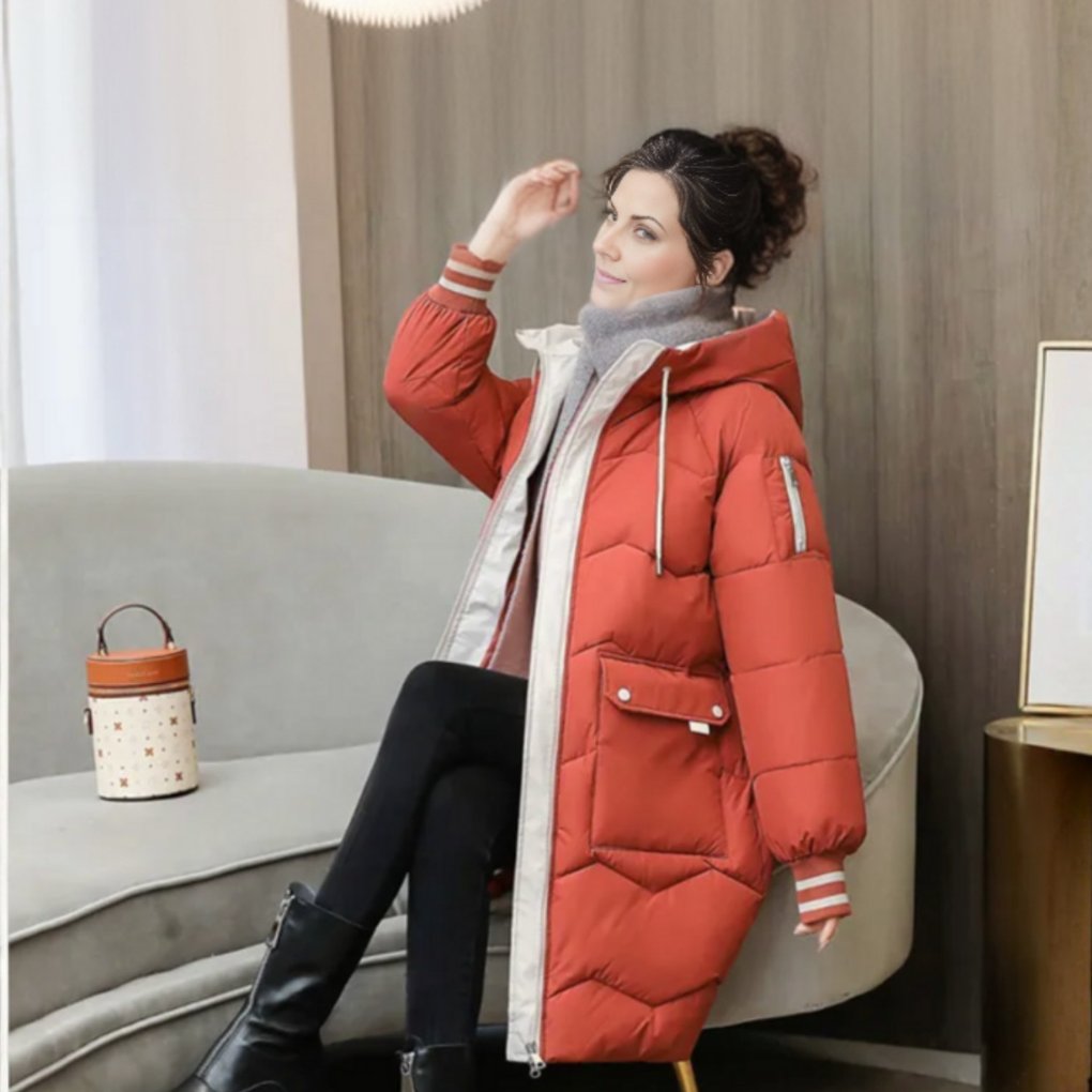 Women's Quilted Hooded Longline Puffer Coat - Red