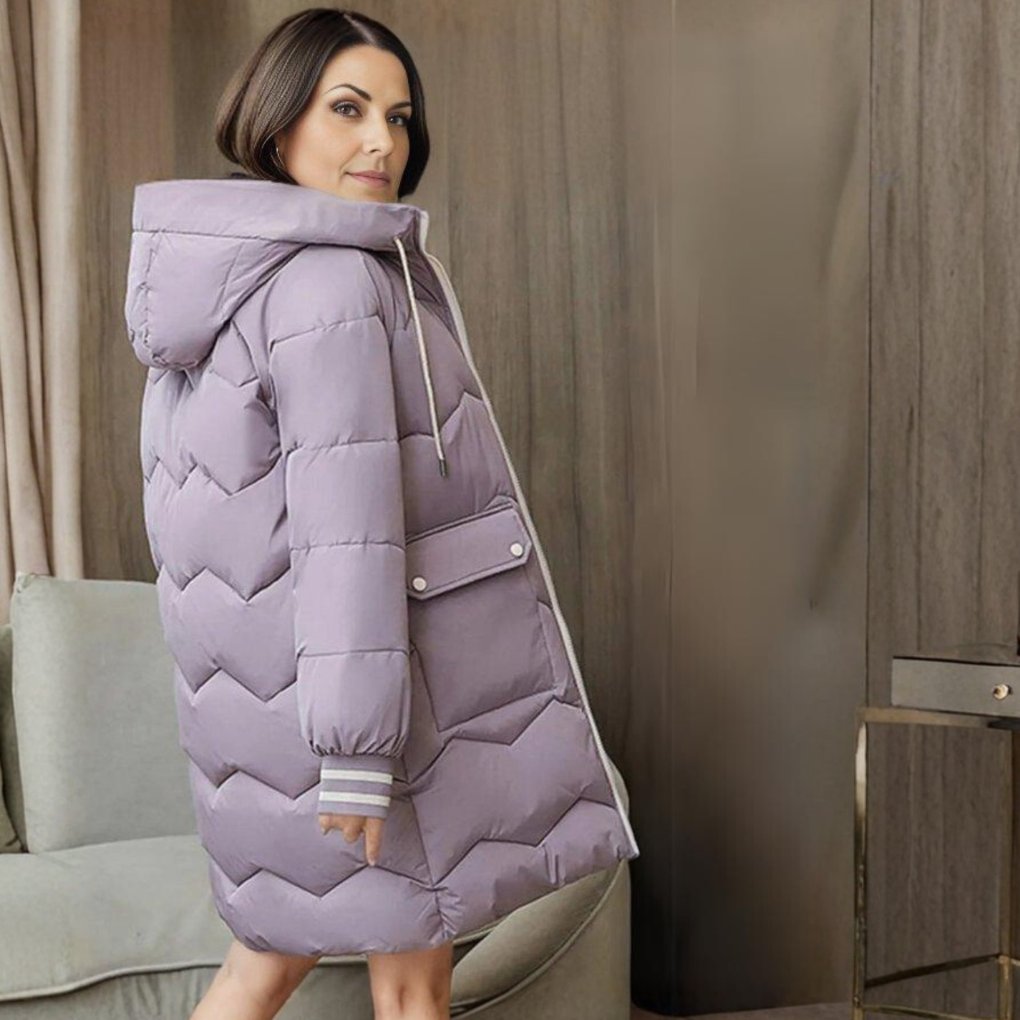 Women's Quilted Hooded Longline Puffer Coat - Purple