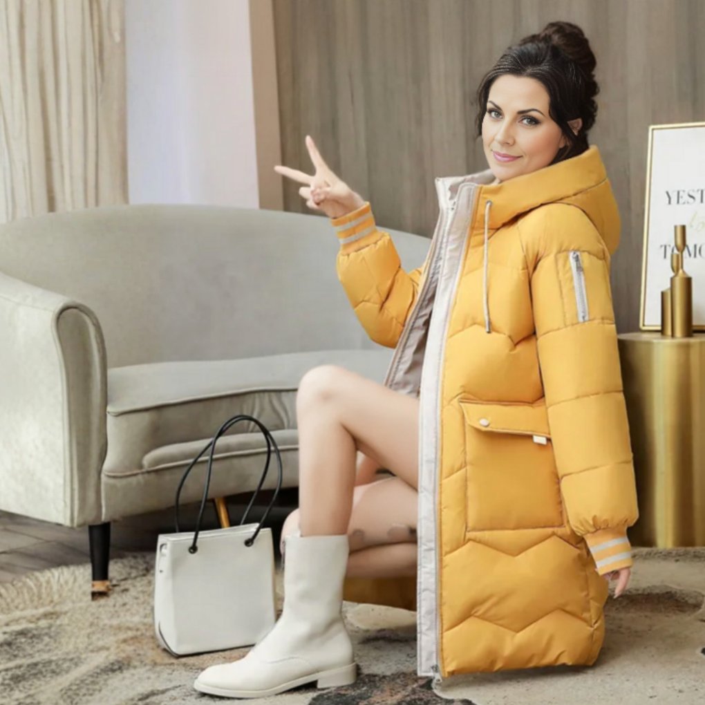 Women's Quilted Hooded Longline Puffer Coat - Yellow