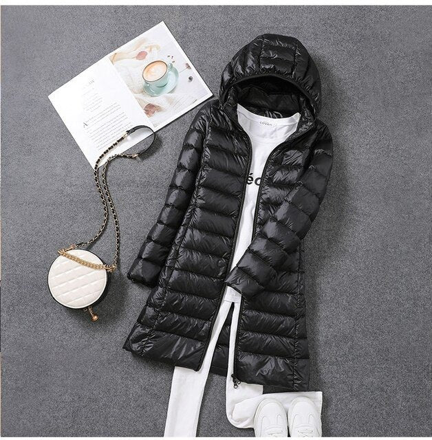 Women's Slim Waterproof Hooded Longline Puffer Jacket - Black