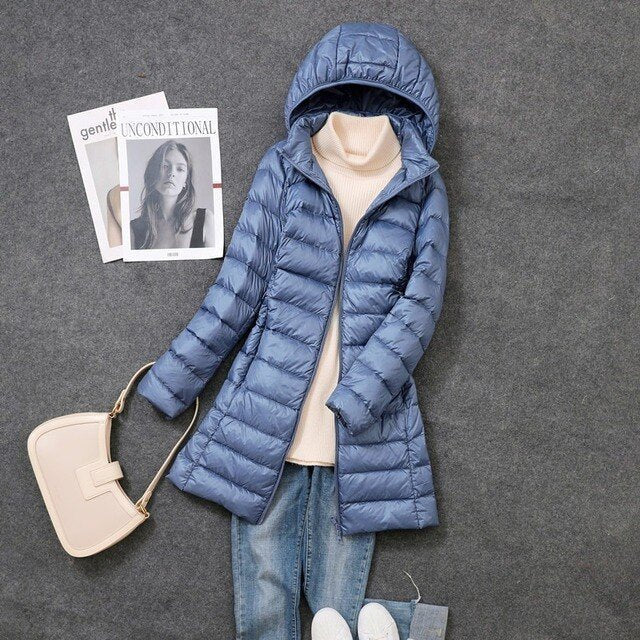 Women's Slim Waterproof Hooded Longline Puffer Jacket - Blue