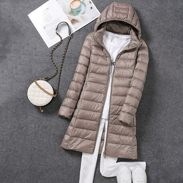 Women's Slim Waterproof Hooded Longline Puffer Jacket - Khaki