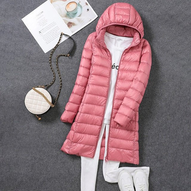 Women's Slim Waterproof Hooded Longline Puffer Jacket - Pink