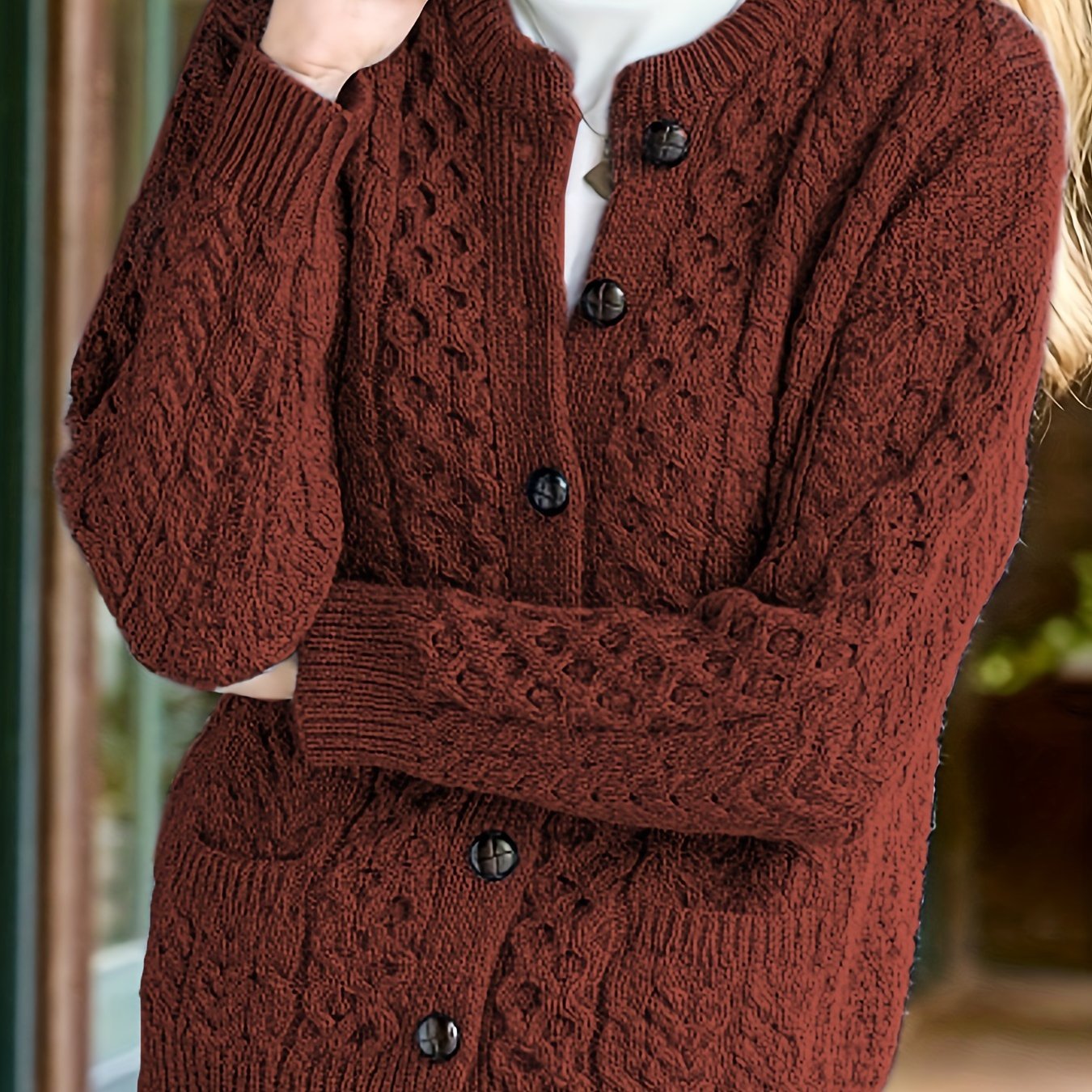 Women's Cable Knit Wool Cardigan - Maroon