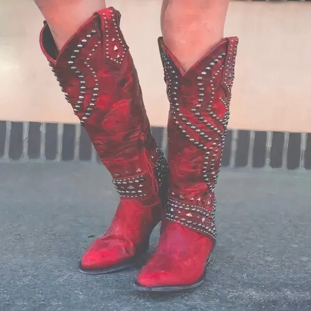 Women's Studded Western Cowboy Knee-High Boots - Red