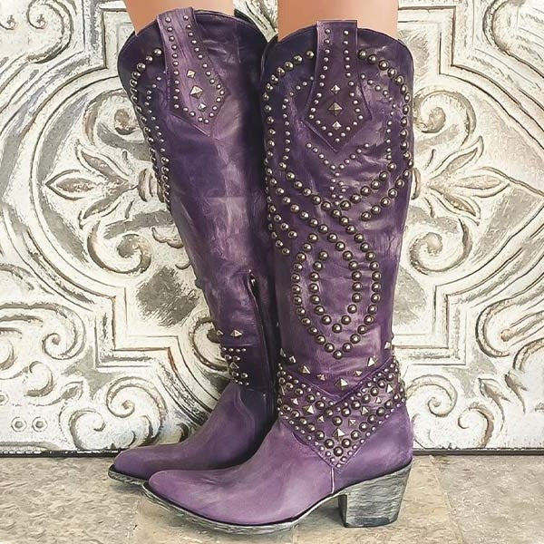 Women's Studded Western Cowboy Knee-High Boots - Purple