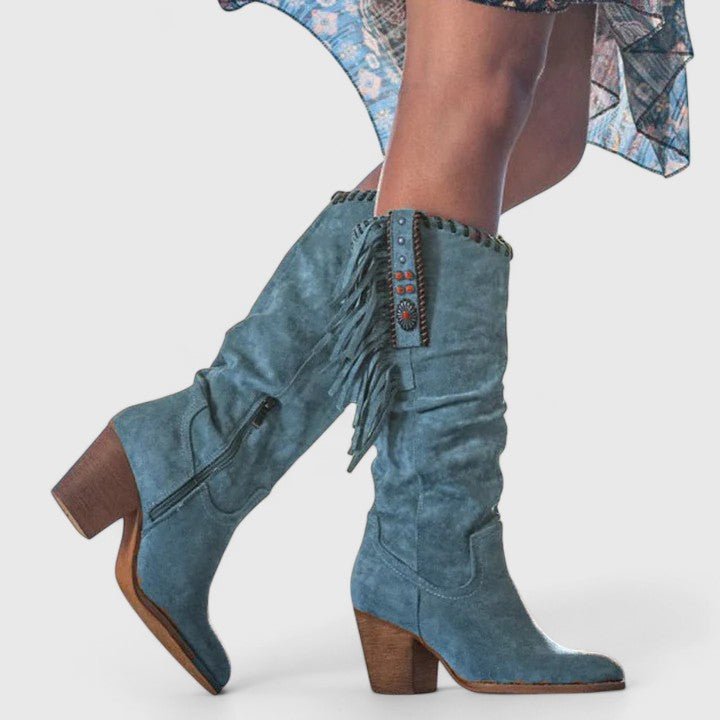 Women's Suede Fringe Western Knee-High Boots - Blue