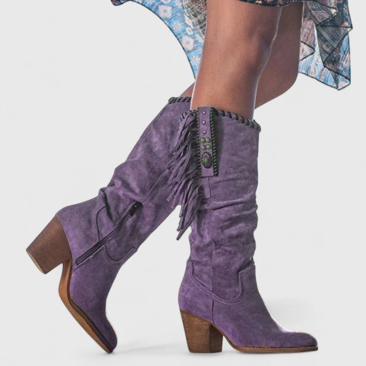 Women's Suede Fringe Western Knee-High Boots - Purple