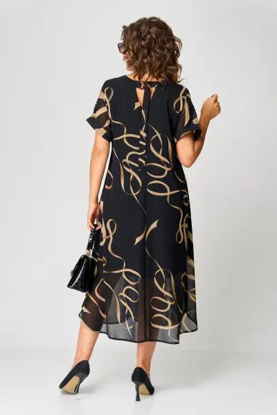 Women's Black V-Neck Chiffon Midi Party Dress