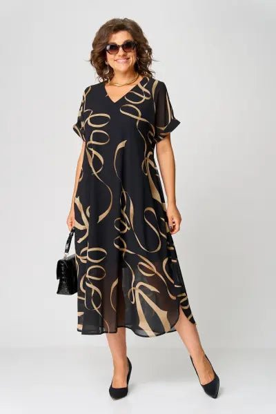 Women's Black V-Neck Chiffon Midi Party Dress