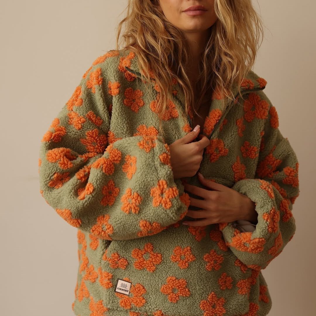Women's Oversized Floral Sherpa Jumper - Orange