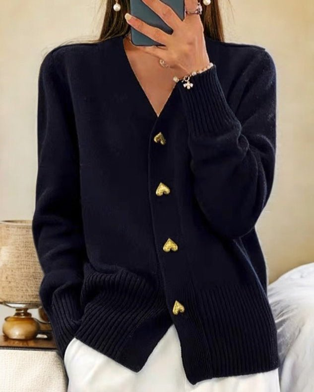 Women's Oversized Knit Wool V-Neck Cardigan - Black