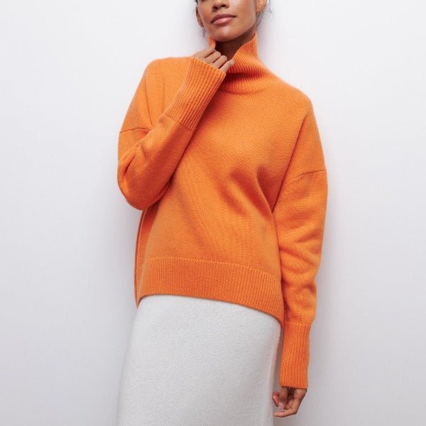 Women's Chunky Oversized Wool Roll Neck Jumper - Orange