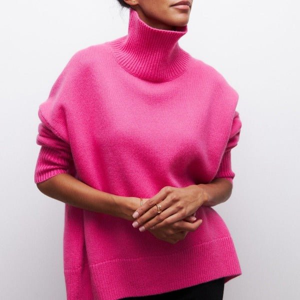 Women's Chunky Oversized Wool Roll Neck Jumper - Pink