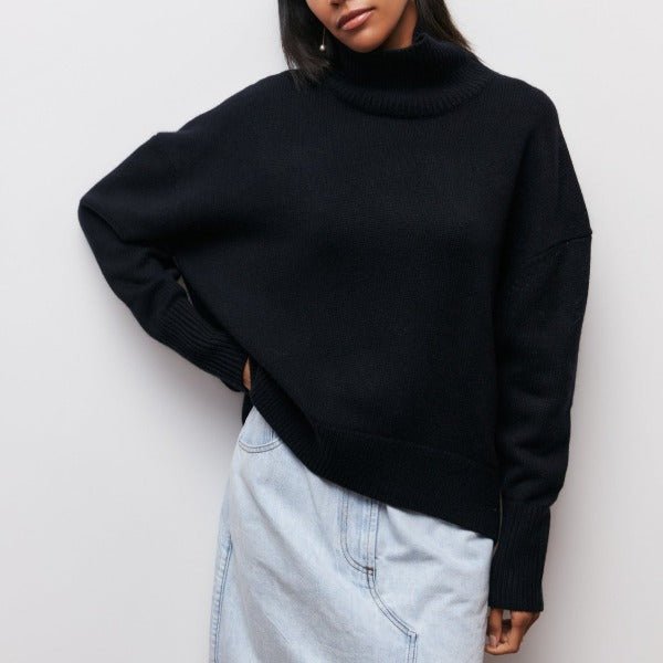Women's Chunky Oversized Wool Roll Neck Jumper - Black