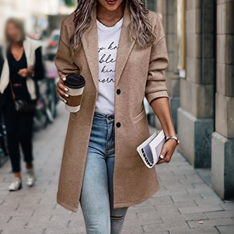 Women's Midi Longline Wool Coat - Khaki