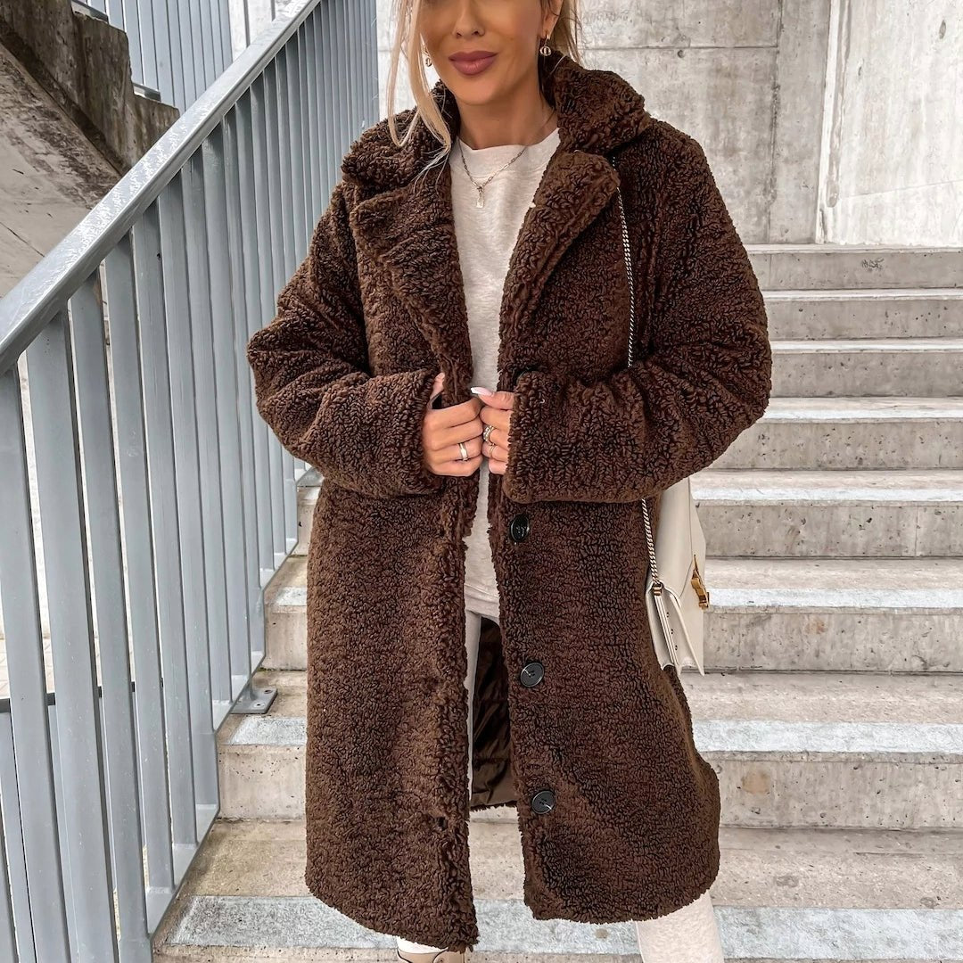 Women's Oversized Longline Teddy Coat - Dark Brown