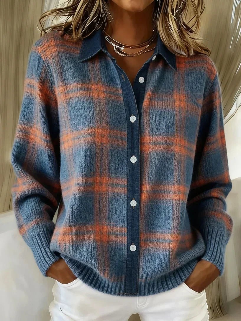 Women's Oversized Plaid Wool Shirt Jacket - Blue and Orange