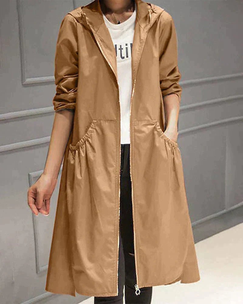 Women's Hooded Longline Trench Coat - Hellbraun