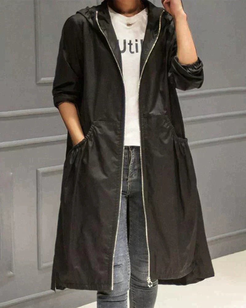 Women's Hooded Longline Trench Coat - Schwarz