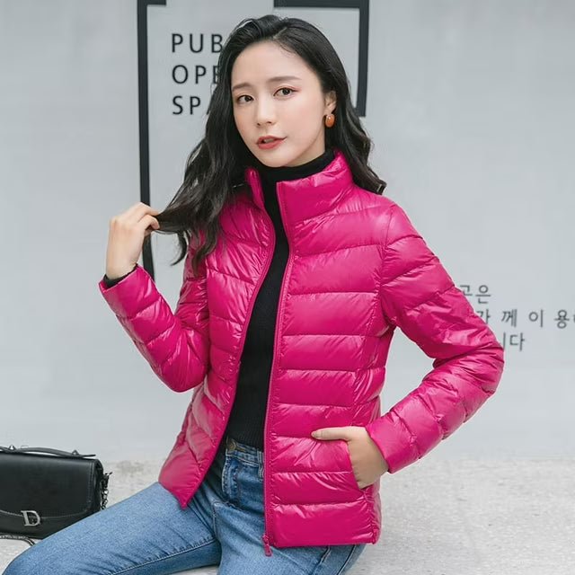 Women's Lightweight Down Waterproof Puffer Jacket - Dark pink