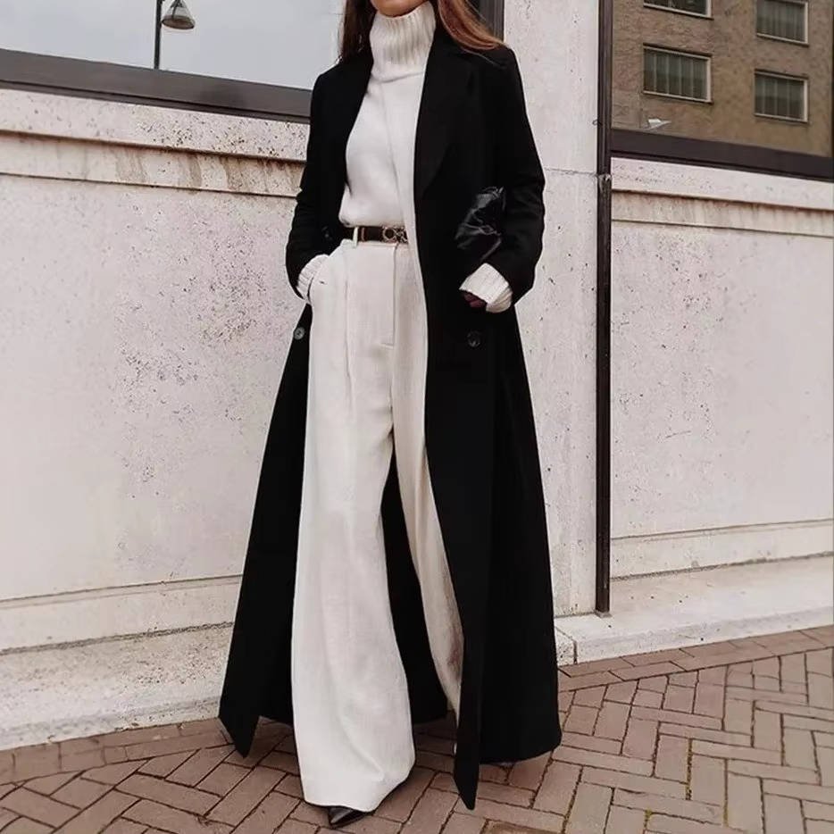 Women's Oversized Maxi Belted Longline Wool Trench Coat - L