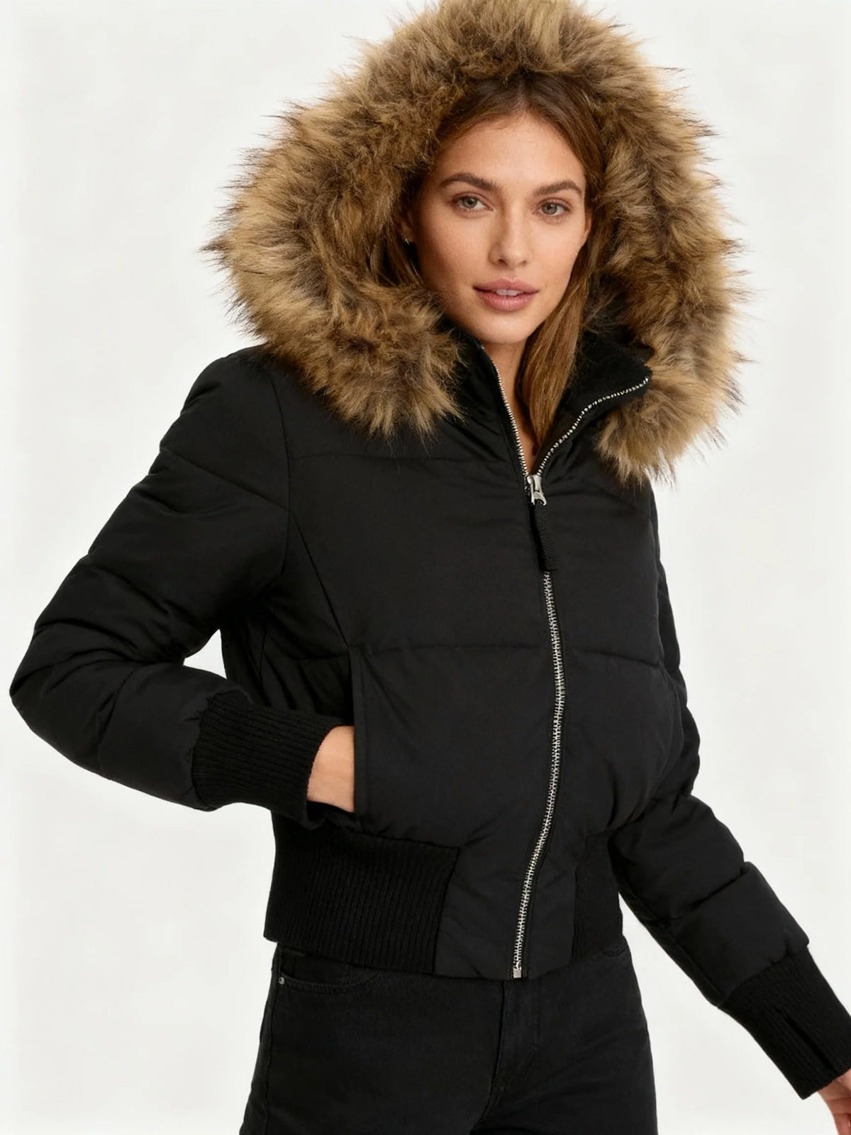 Women's Cropped Faux Fur Puffer Jacket