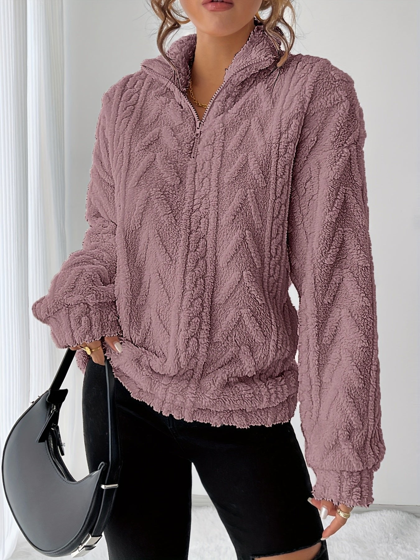 Women's Oversized Quarter-Zip Fleece Cable Knit Jumper
