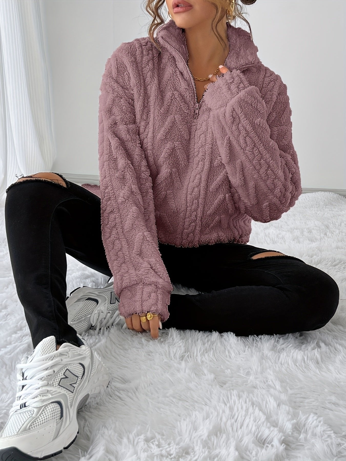Women's Oversized Quarter-Zip Fleece Cable Knit Jumper