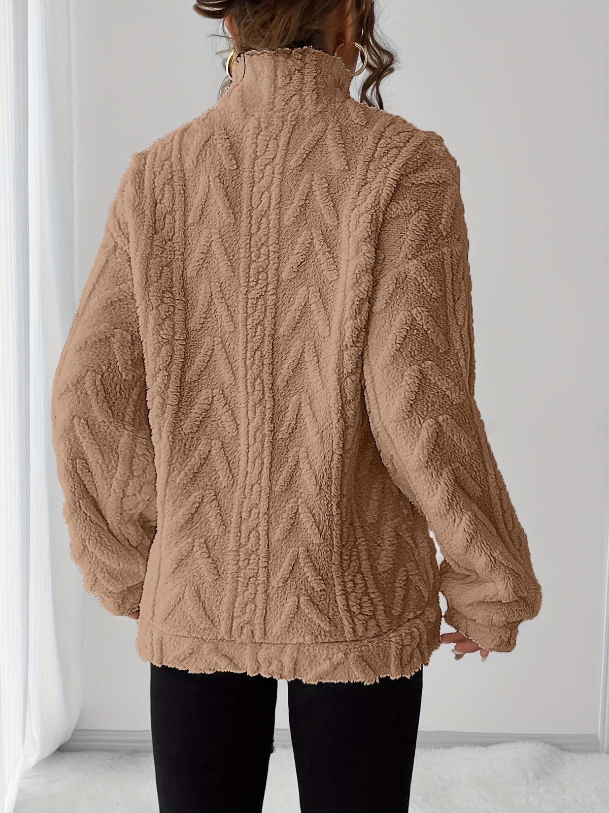 Women's Oversized Quarter-Zip Fleece Cable Knit Jumper