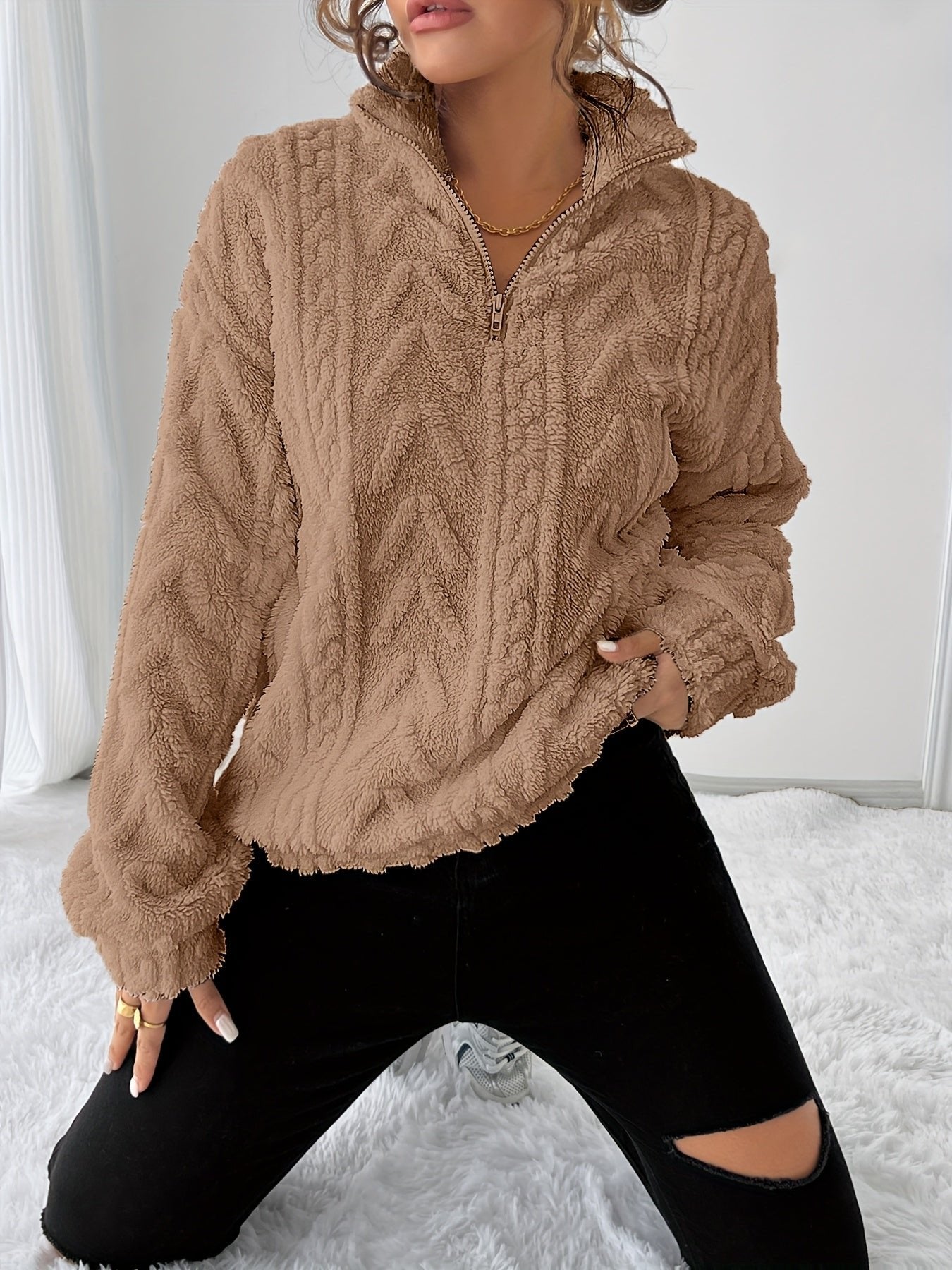 Women's Oversized Quarter-Zip Fleece Cable Knit Jumper