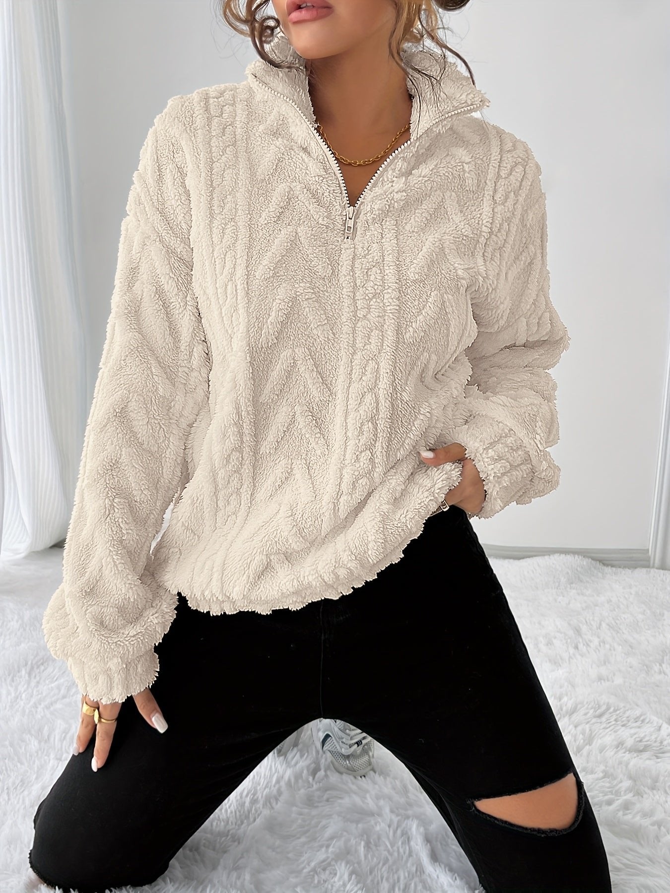 Women's Oversized Quarter-Zip Fleece Cable Knit Jumper