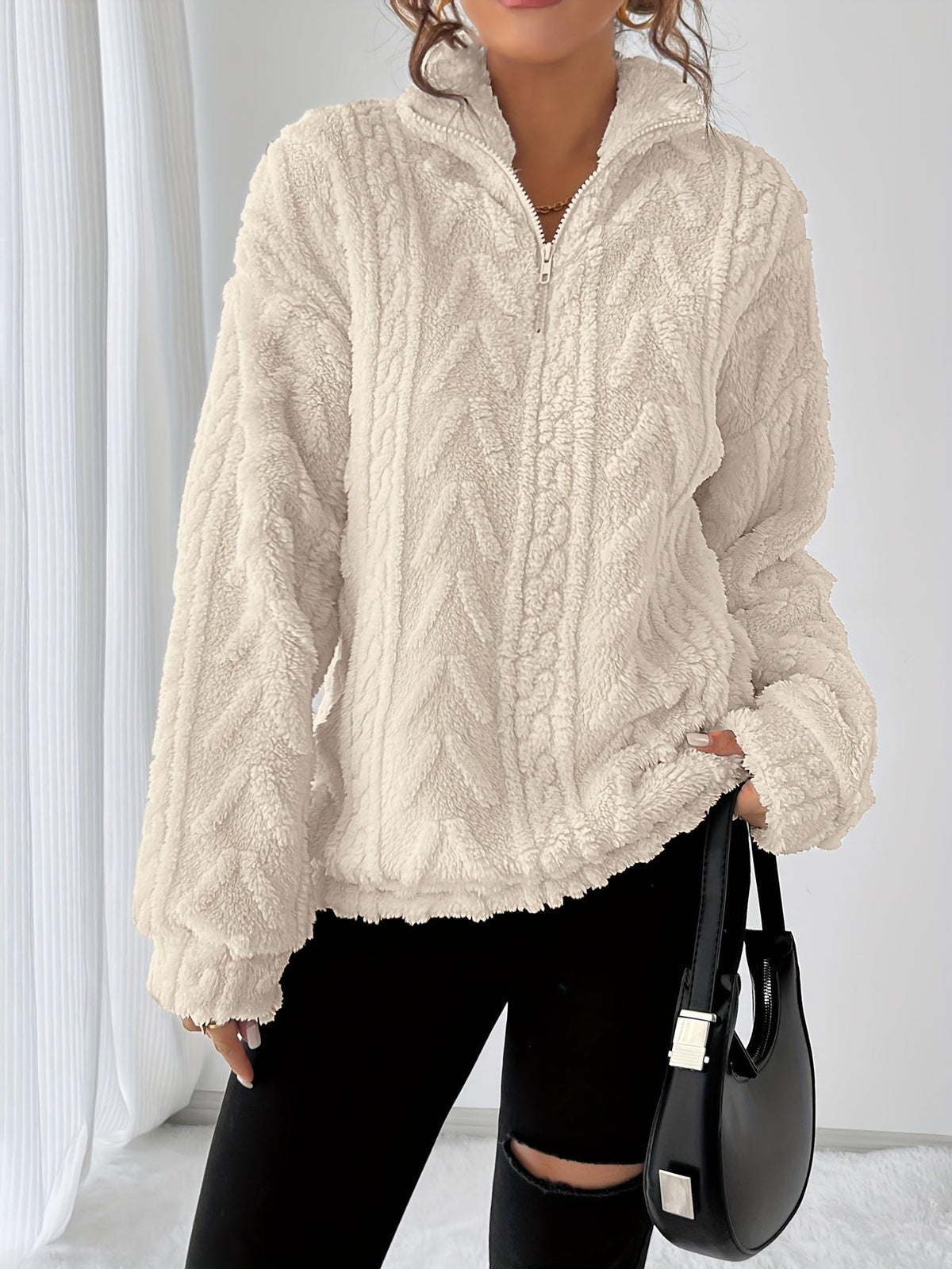 Women's Oversized Quarter-Zip Fleece Cable Knit Jumper