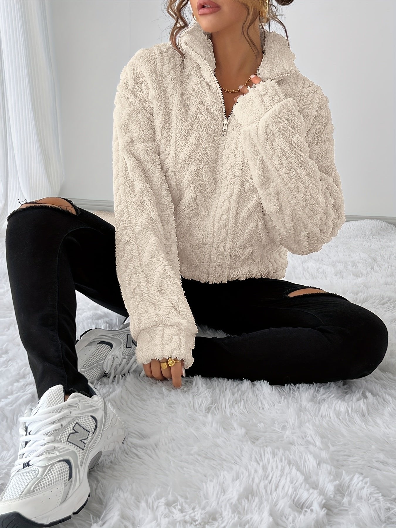 Women's Oversized Quarter-Zip Fleece Cable Knit Jumper