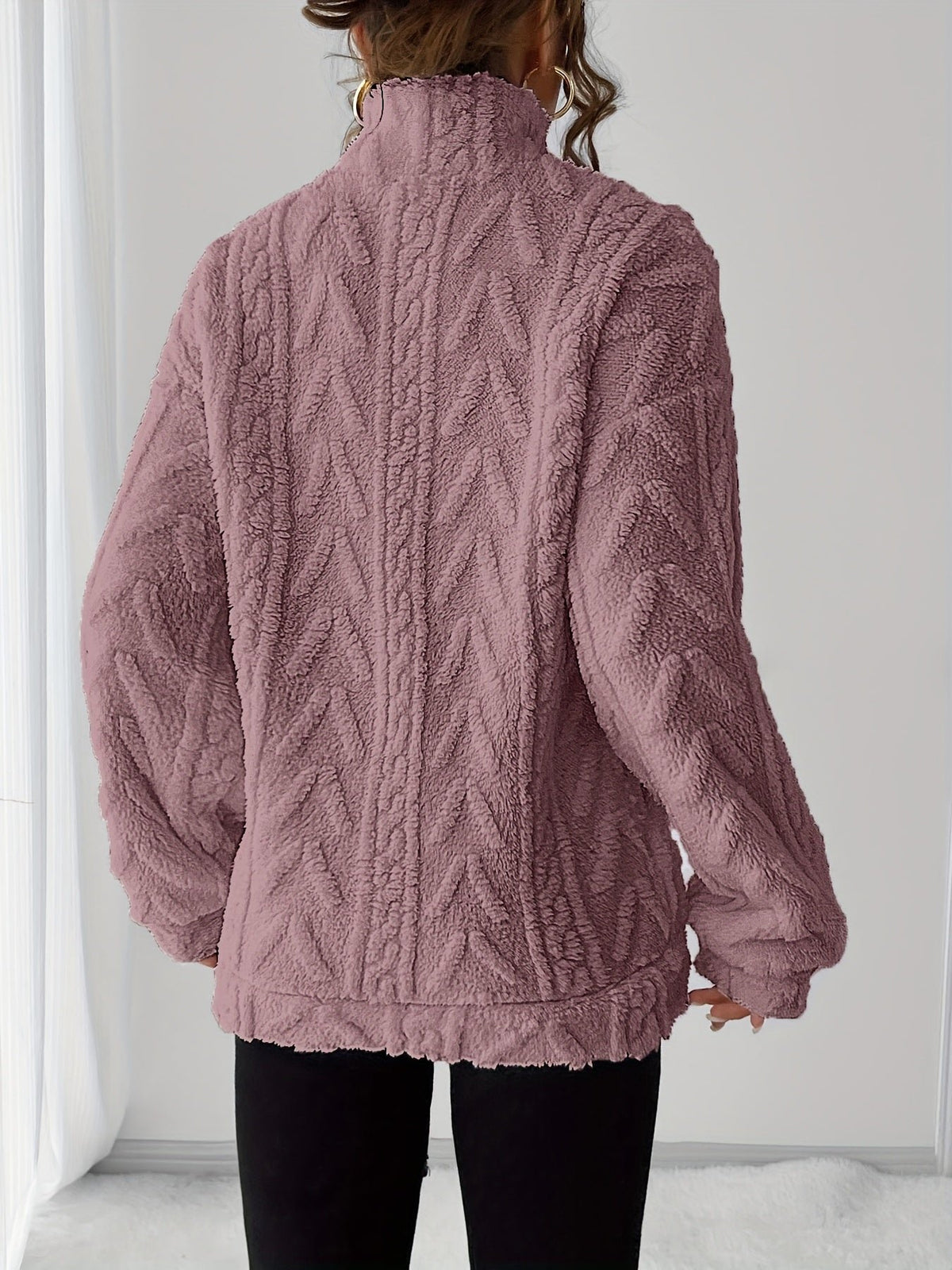 Women's Oversized Quarter-Zip Fleece Cable Knit Jumper