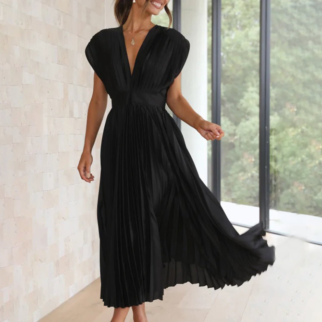 Women's Pleated Satin Midi Party Wrap Dress - Black