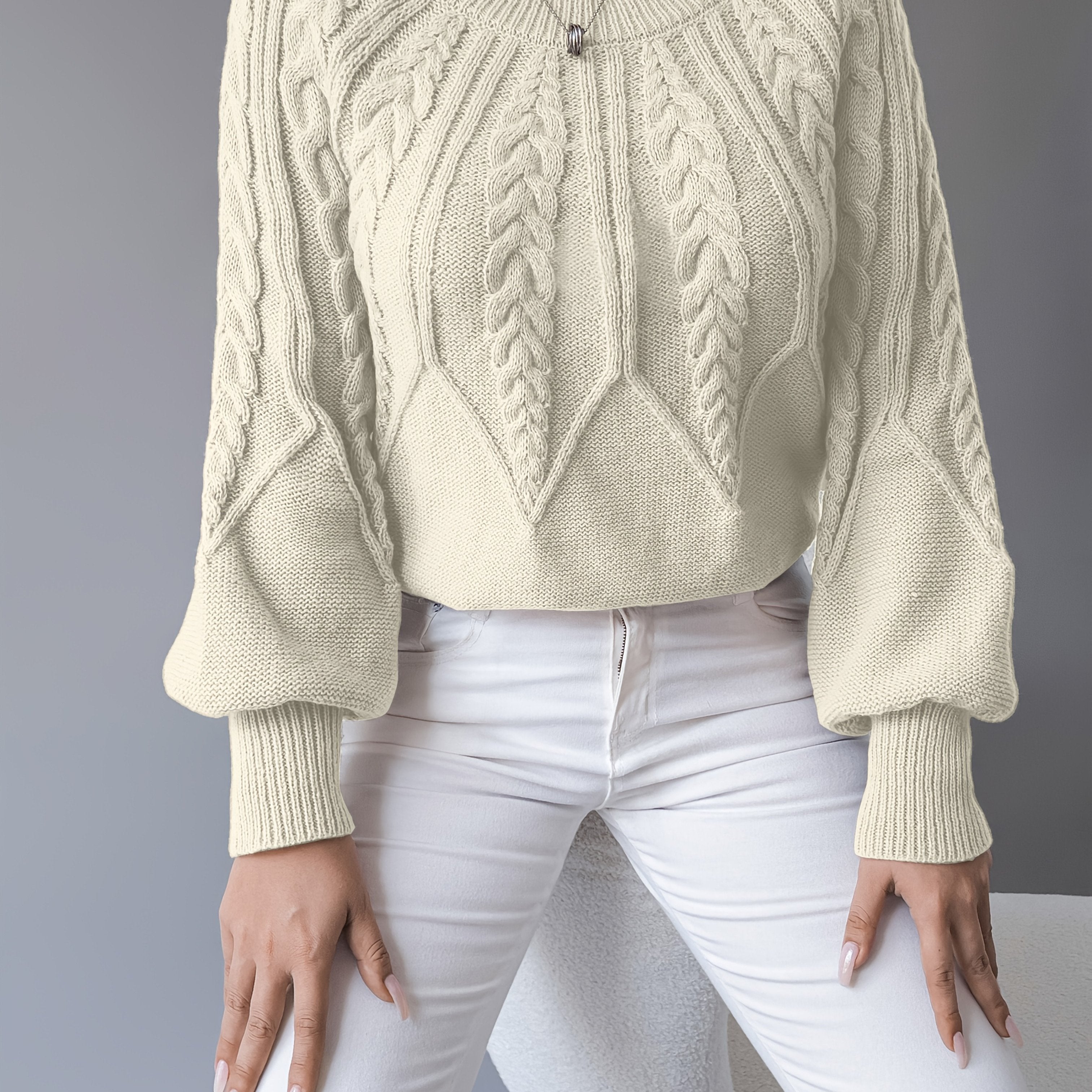 Women's Chunky Cropped Cable Knit Wool Jumper - Apricot