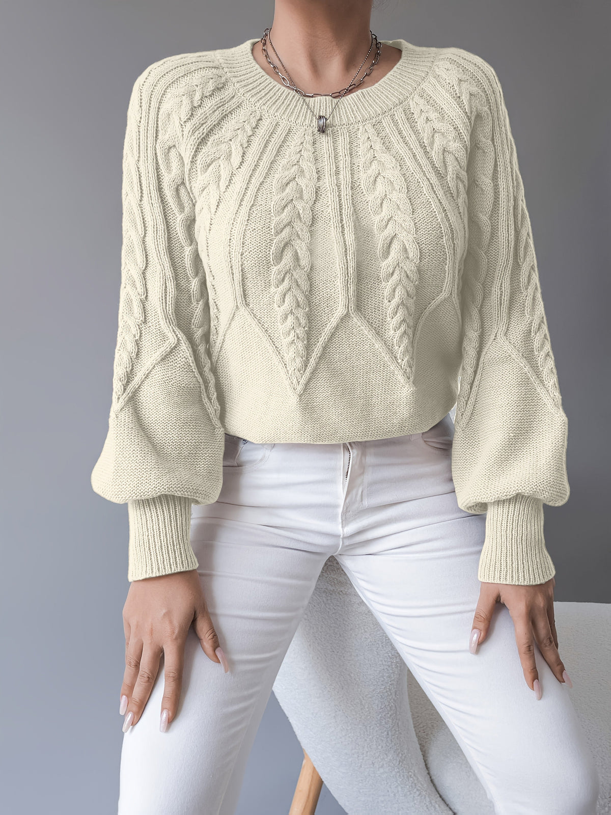 Women's Chunky Cropped Cable Knit Wool Jumper