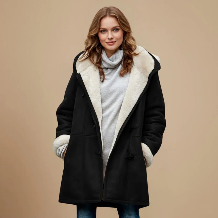Women's Oversized Lined Duffle Hooded Shearling Coat - Black