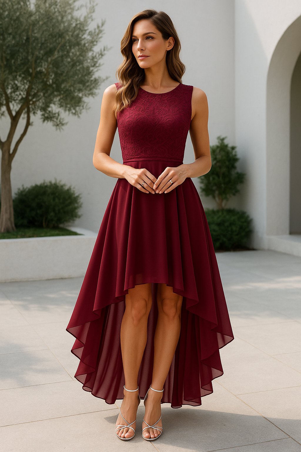 Women's Cocktail Lace Party Dress - Deep Red