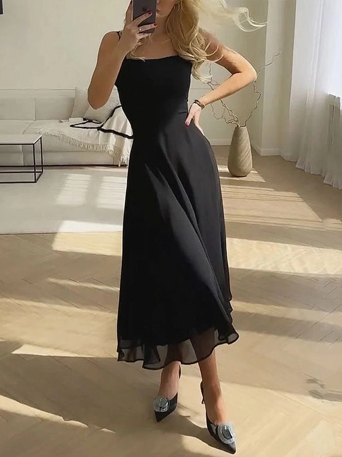 Women's Black Square Neck Satin Midi Party Dress - Black