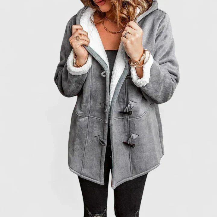 Women's Oversized Suede Duffle Hooded Teddy Coat - Gray