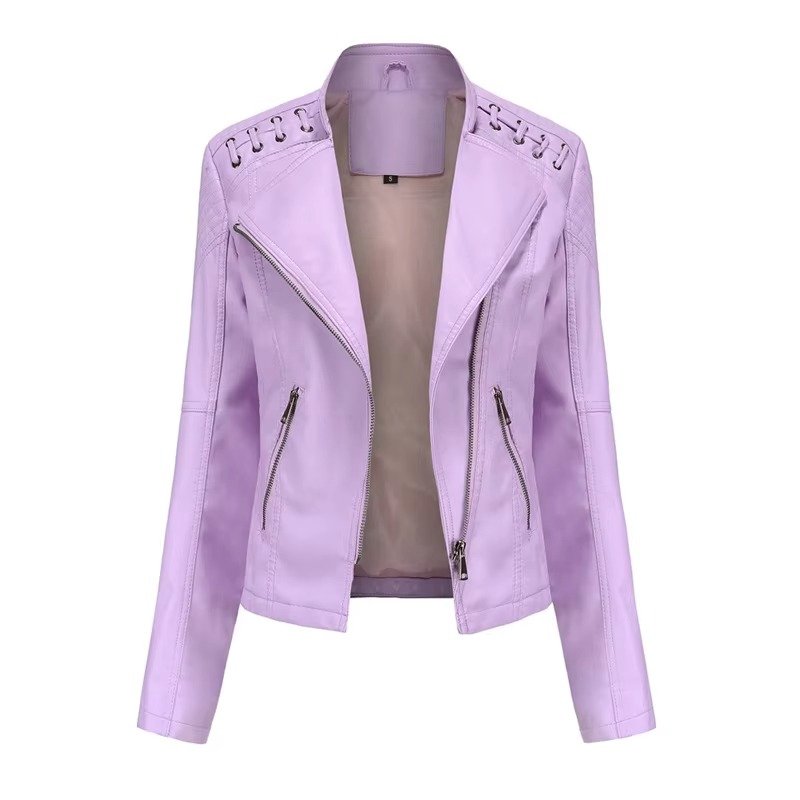 Women's Cropped Faux Leather Moto Jacket - Light cherry pink