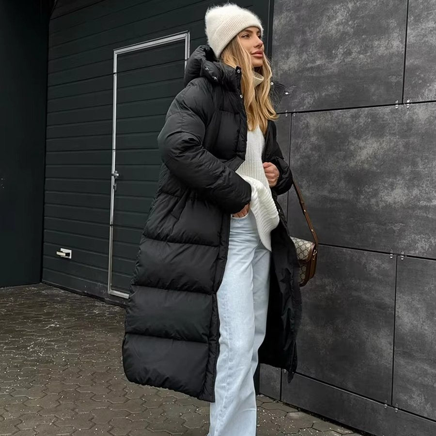 Women's Long Hooded Longline Puffer Coat - Black