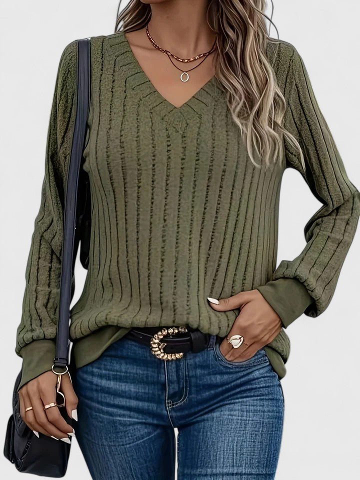 Women's Knit Ribbed V-Neck Jumper - Green