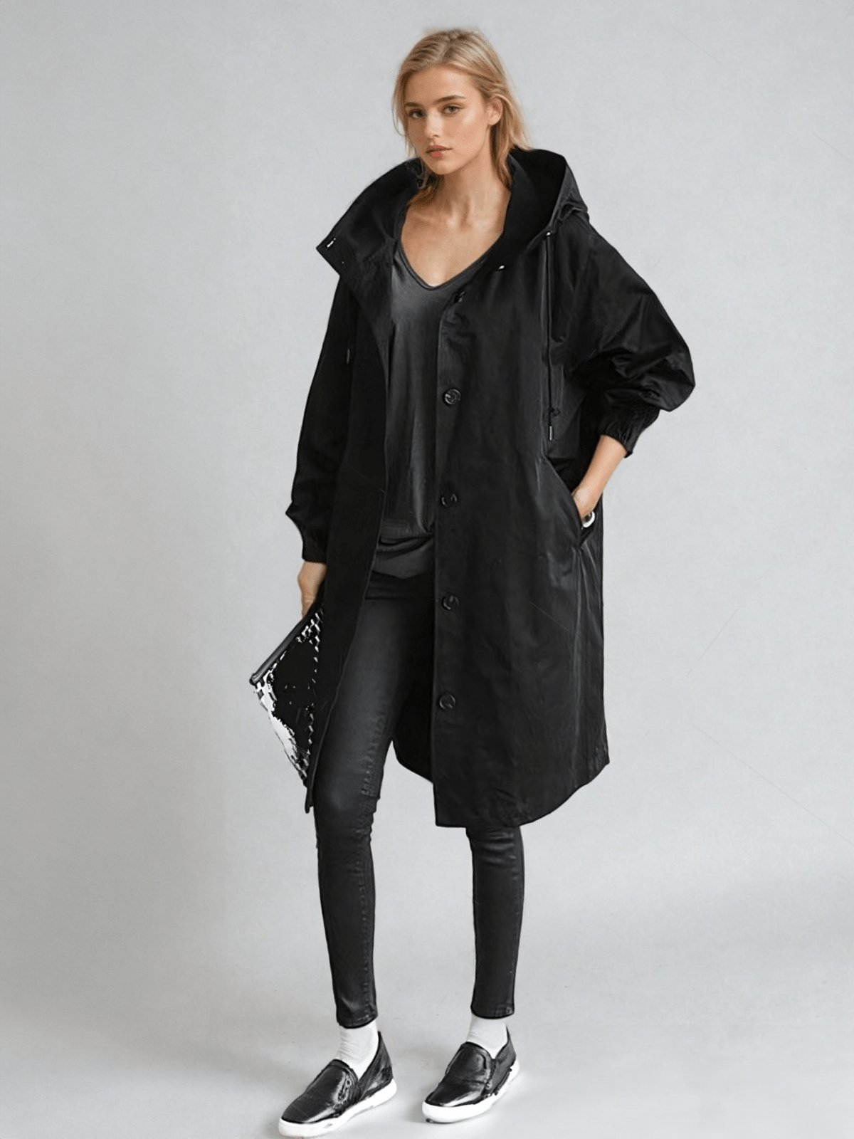 Women's Oversized Hooded Trench Coat - Black