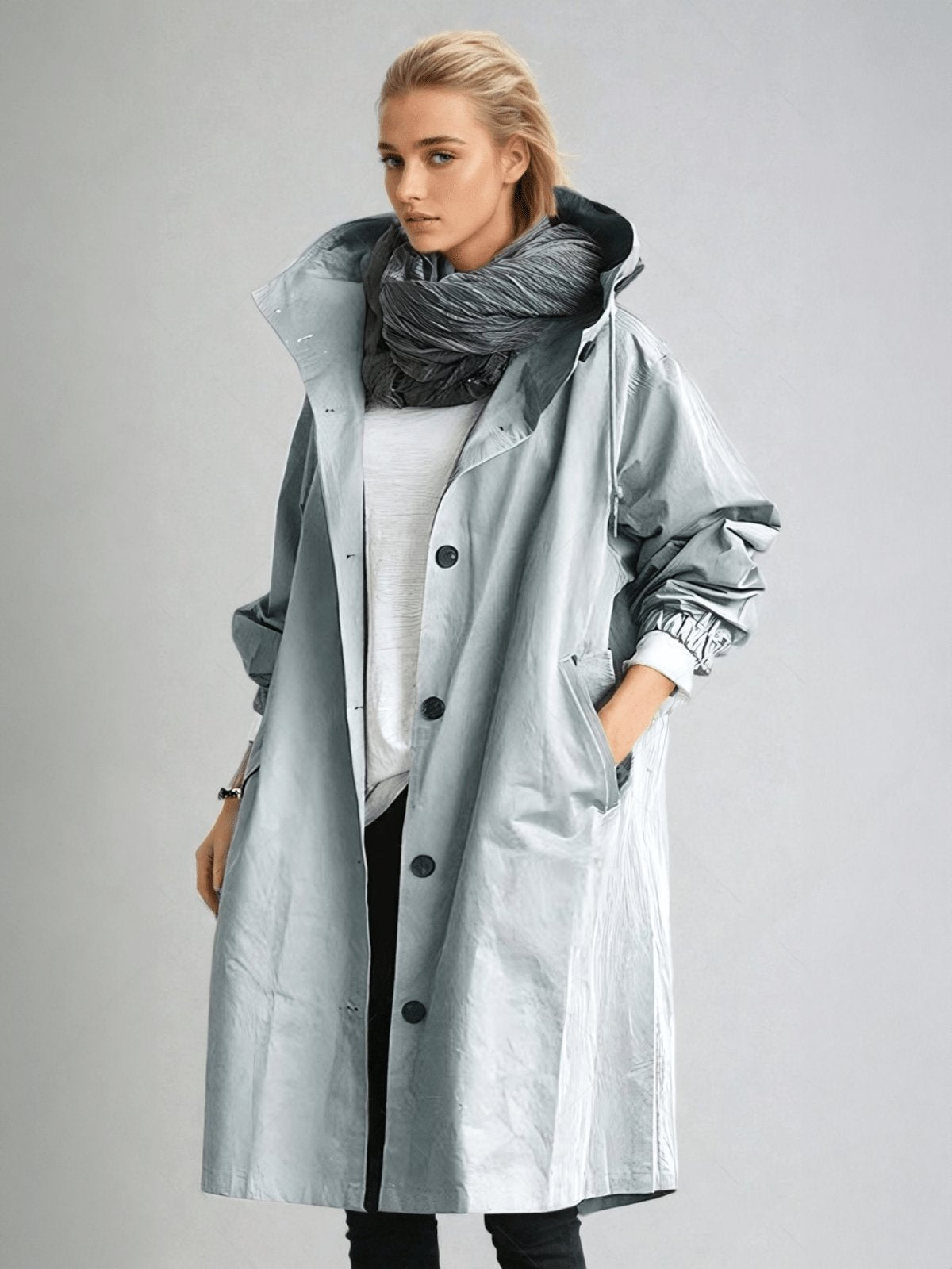 Women's Oversized Hooded Trench Coat - Light Blue