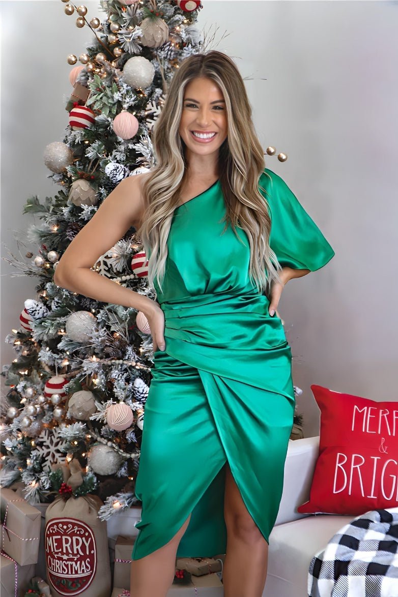 Women's Cocktail Satin One-Shoulder Midi Party Dress